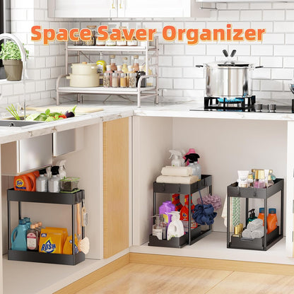 Simple Trending Under Sink Organizer 2 Pack, Sink Pull-Out Sliding Storage Cabinet, 2-Tier Under Shelf Organizer for Kitchen Bathroom, Black