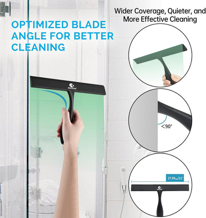 Shower Squeegee for Glass Doors, 11 Inch Ergonomics Anti-Rust Silicone Squeegee with Stainless Steel Frame for Shower Glass Door, Mirrors, Tiles and Windows Cleaning, White