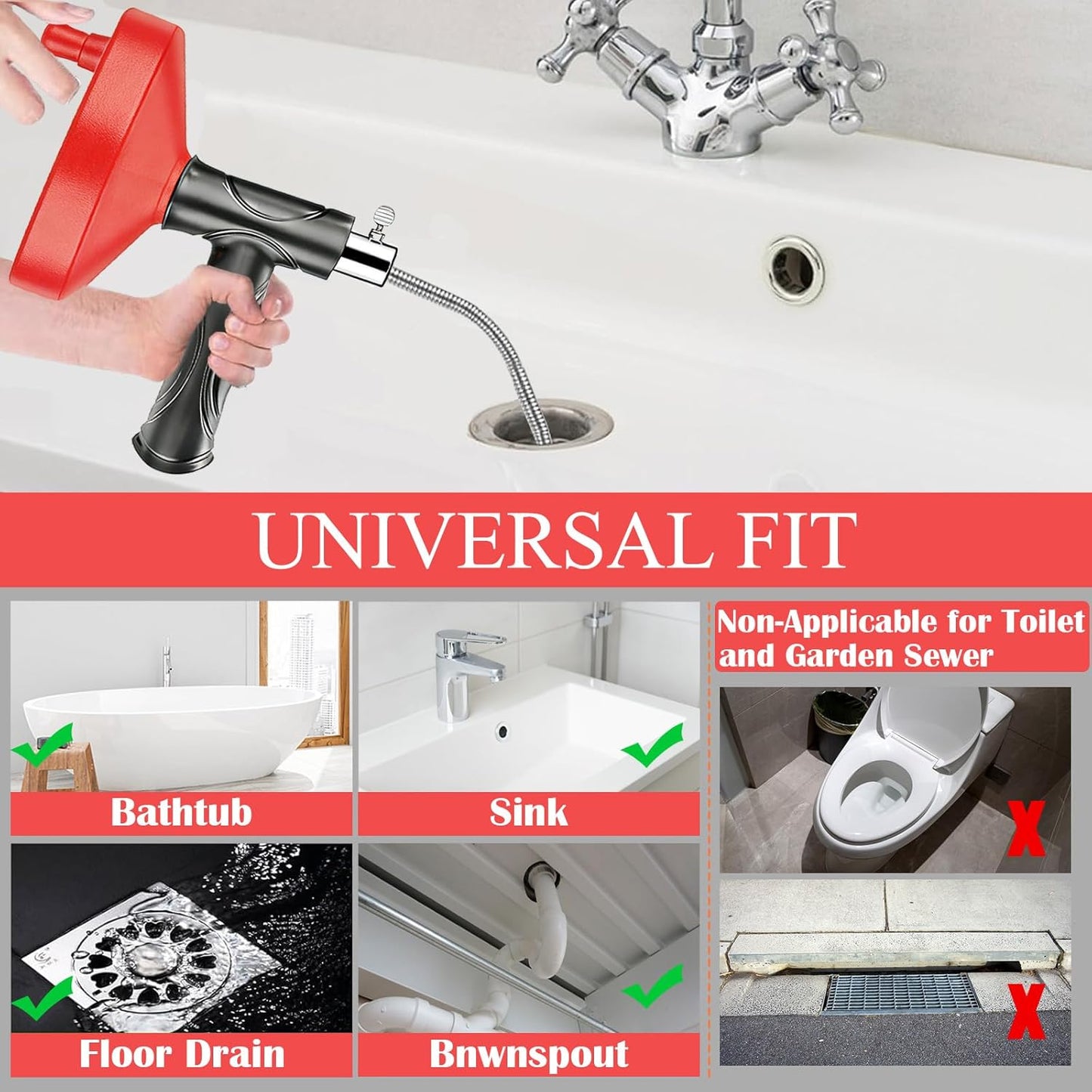 Drain Snake Auger 33 Ft, Plumbing Snake Drain Hair Clog Removal Tool, Heavy Duty Snake Auger, Sink Unclogger Drain Cleaner Tool for Bathroom Kitchen Tub Shower Drain Clog Remover with Gloves