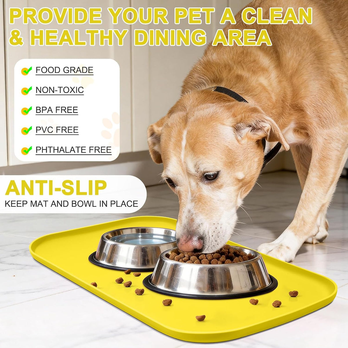 SMILOOL Silicone Pet Food Mat with Raised Edge for Food and Water Bowl, Dog Feeding Mats, Cat Food Trays for Floor Waterproof, Rubber Tray for Dogs and Cats, 19 x 12 x 0.7 Black