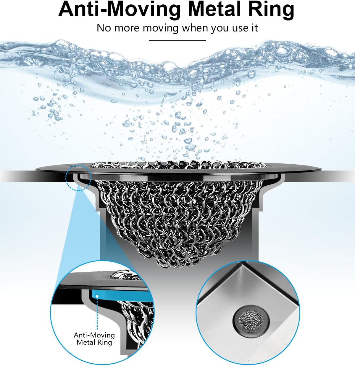 WOKDADA Upgraded Sink Drain Strainer, Patented Reversible Chain Mail Mesh | Anti-Slip Ring, Fast Drainage, Reversible Flip Clean, Rust-Proof, Universal 4.4-Inch, Large Capacity, Garbage Disposal Fit