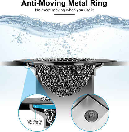 WOKDADA Upgraded Sink Drain Strainer, Patented Reversible Chain Mail Mesh | Anti-Slip Ring, Fast Drainage, Reversible Flip Clean, Rust-Proof, Universal 4.4-Inch, Large Capacity, Garbage Disposal Fit
