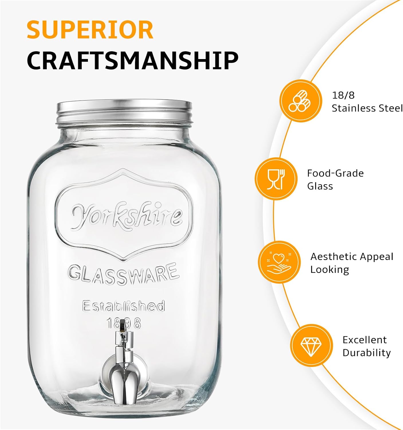2 Gallon Glass Beverage Dispenser, 18/8 Stainless Steel Spigot and Lid - Glass Drink Dispensers for Parties - Mason Jar Drink Dispensers with Lids - Laundry Detergent Holder