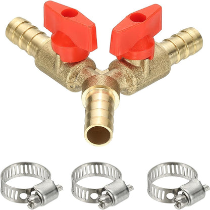 PATIKIL 3 Way Shut Off Ball Valve, 1/4" Y Shaped 3 Way Brass Garden Hose Barb Splitter Line Sprayer Parts Coolant Hose Valve Fitting with 2 Red Switch for Gas Fuel Oxygen, 1 Set