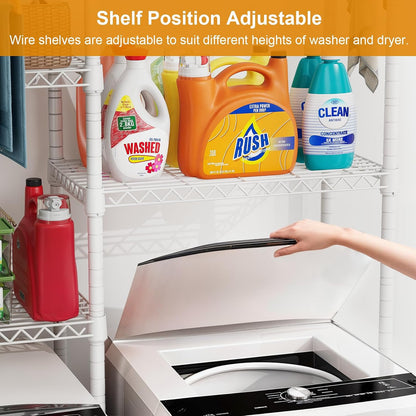 ULIFHOME U14 Over Washer and Dryer Storage Shelves, 4 Tiers Laundry Room Storage and Organizer System, Space Saving Clothes Drying Rack with 2 Clothes Hanger Rods, 66.5" W x 20.5" D x 77.4" H, Black