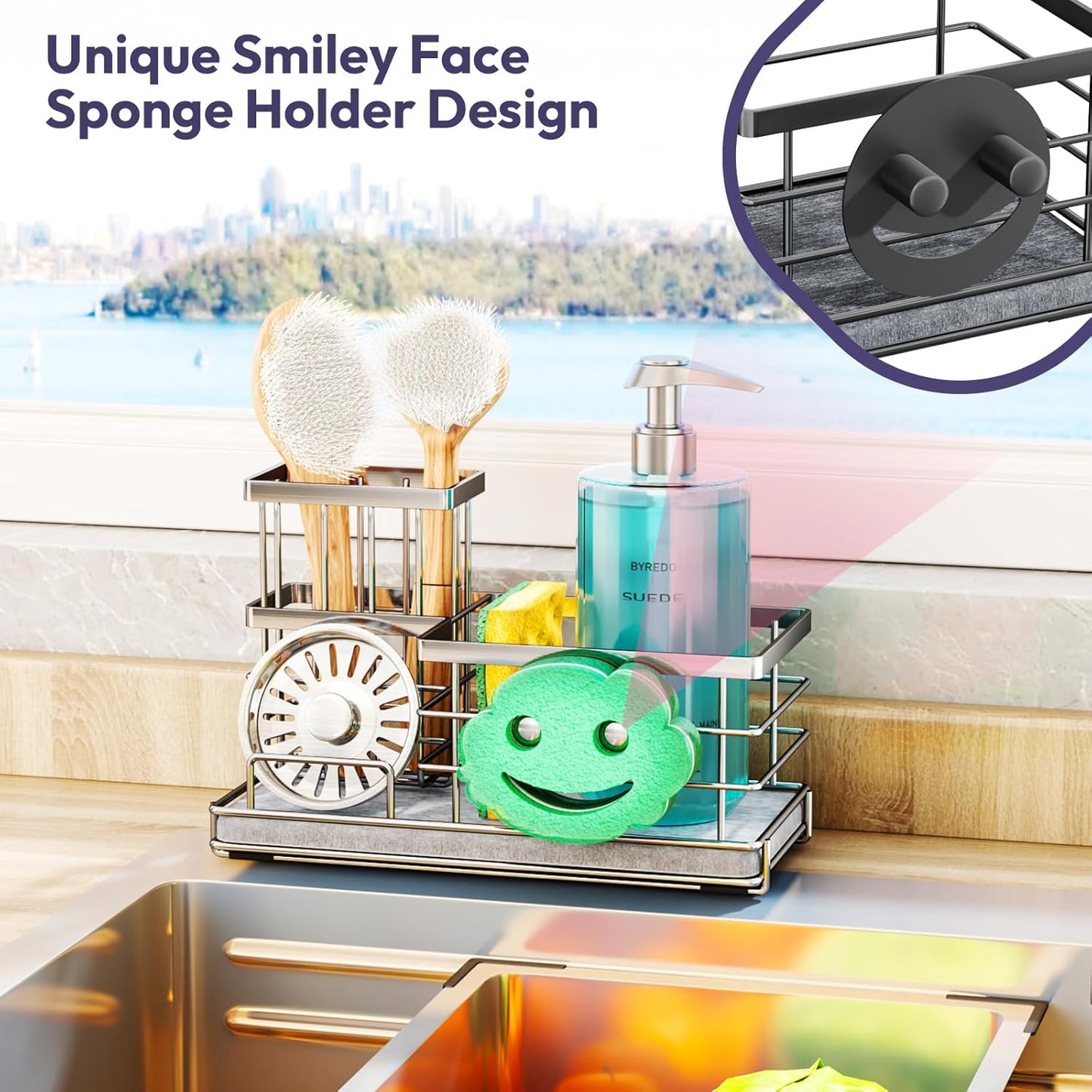 SWTYMIKI Sponge Holder for Kitchen Sink - Sink Caddy with Brush Holder and Stainless Steel Self Drain Tray, Sponge Caddy Organizer with Divider Kitchen Accessories Storage for Countertop, Black