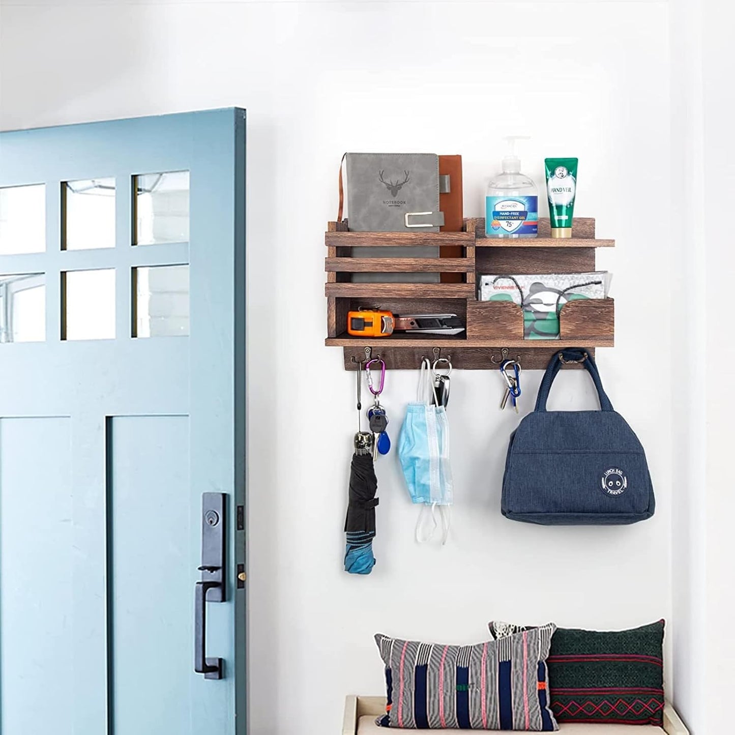 Key Holder Wall Mount, Wooden Organizer Wall Mount with 4 Double Hooks and Wallet Holder, Sunglasses and Mail Storage Rack for Entryway or Mudroom - Brown