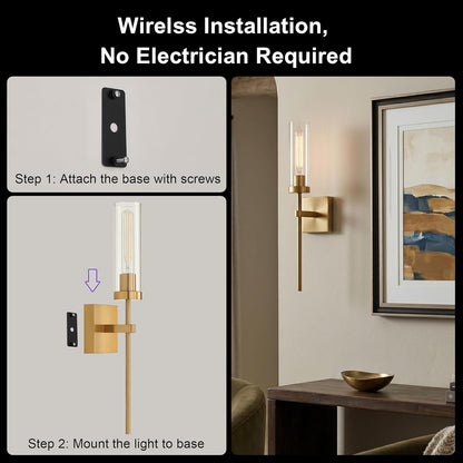 Wireless Wall Sconces with Remote Control, Battery Operated Wall Sconce Set of 2, Black & Gold Rechargeable Dimmable Wall Light for Bedroom Living room Bathroom Hallway Entryway Stairwell, 3000K