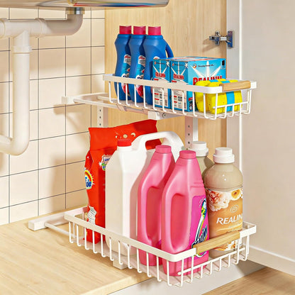 REALINN Under Sink Organizer, 2 Pack Height Adjustable Under Sink Organizers and Storage, 2 Tier Pull Out Drawer Cabinet Storage for Kitchen Bathroom, White