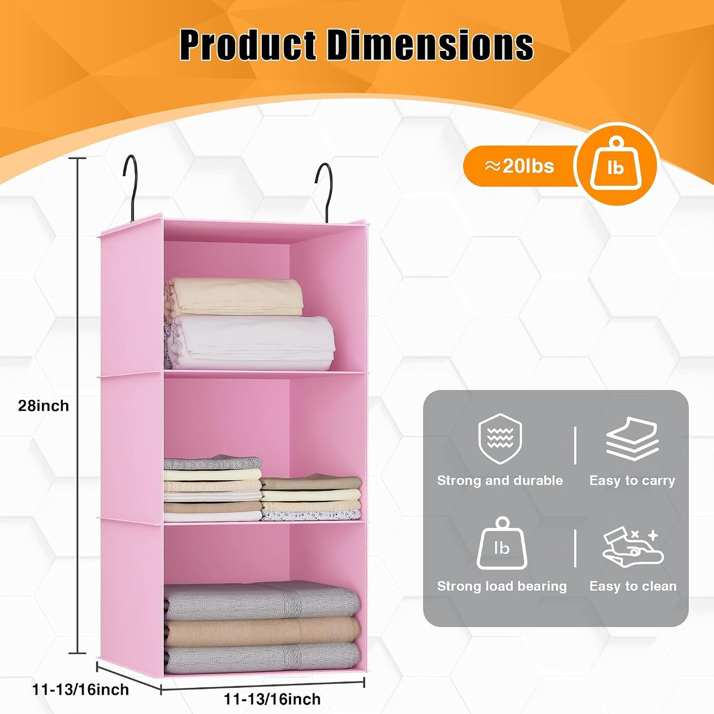 Hanging Closet Organizer 3-Shelf, Oxford Fabric Wardrobe Storage, Gray | Easy-mount foldable design holds clothes, handbags, shoes & accessories; washable Oxford fabric, sturdy and space-saving.