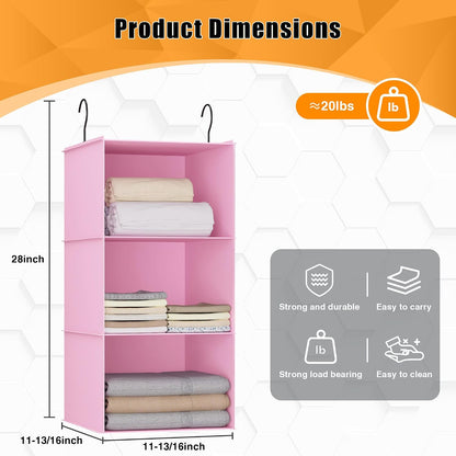 Hanging Closet Organizer 3-Shelf, Oxford Fabric Wardrobe Storage, Gray | Easy-mount foldable design holds clothes, handbags, shoes & accessories; washable Oxford fabric, sturdy and space-saving.