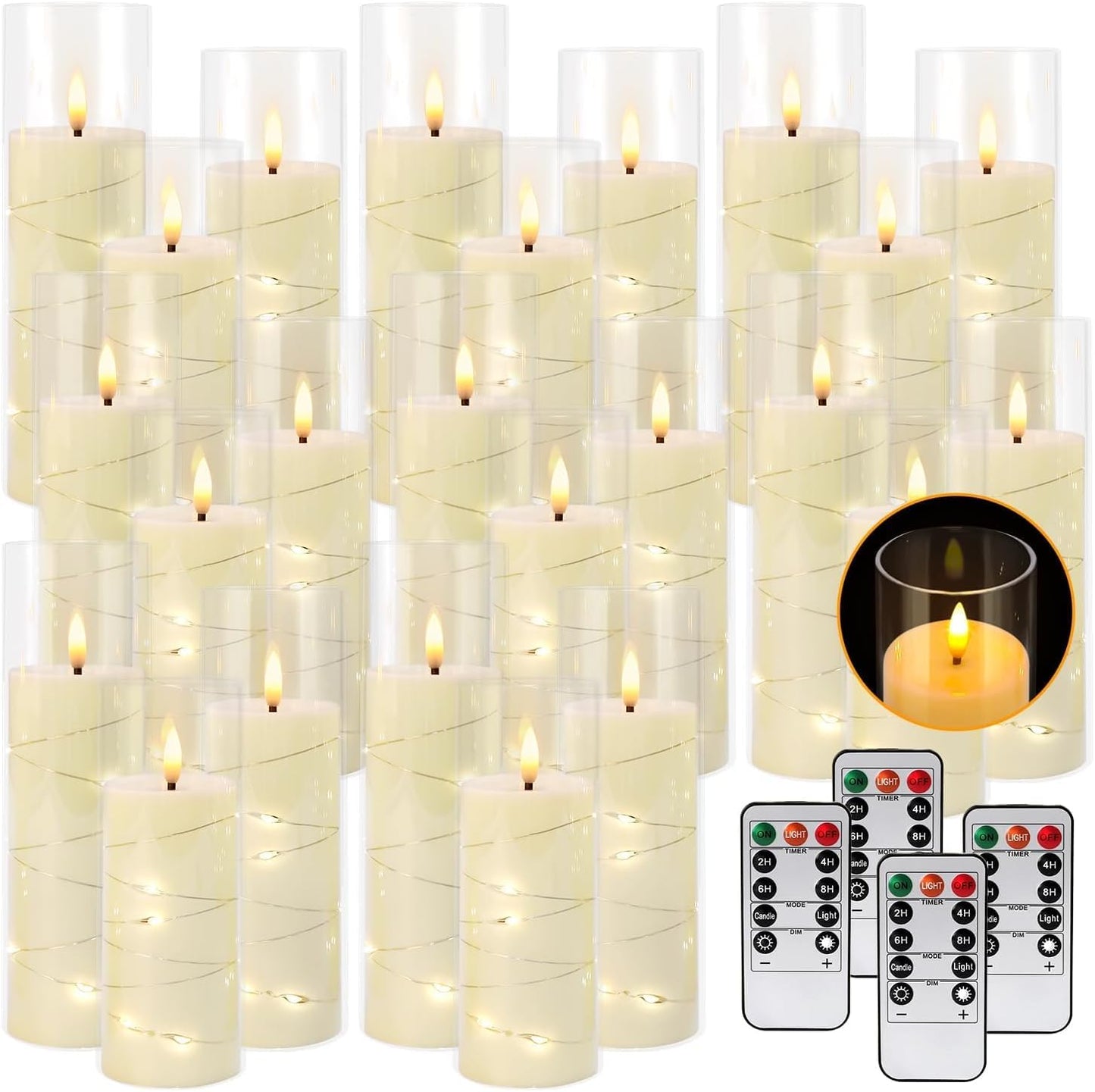 YOROXRG Set of 24 Waterproof Outdoor Flameless Candles, LED Candles with 4 Remote and Timer,(H 4" 5" 6" x D 2.2"),for Christmas,Halloween,Wedding,Festival