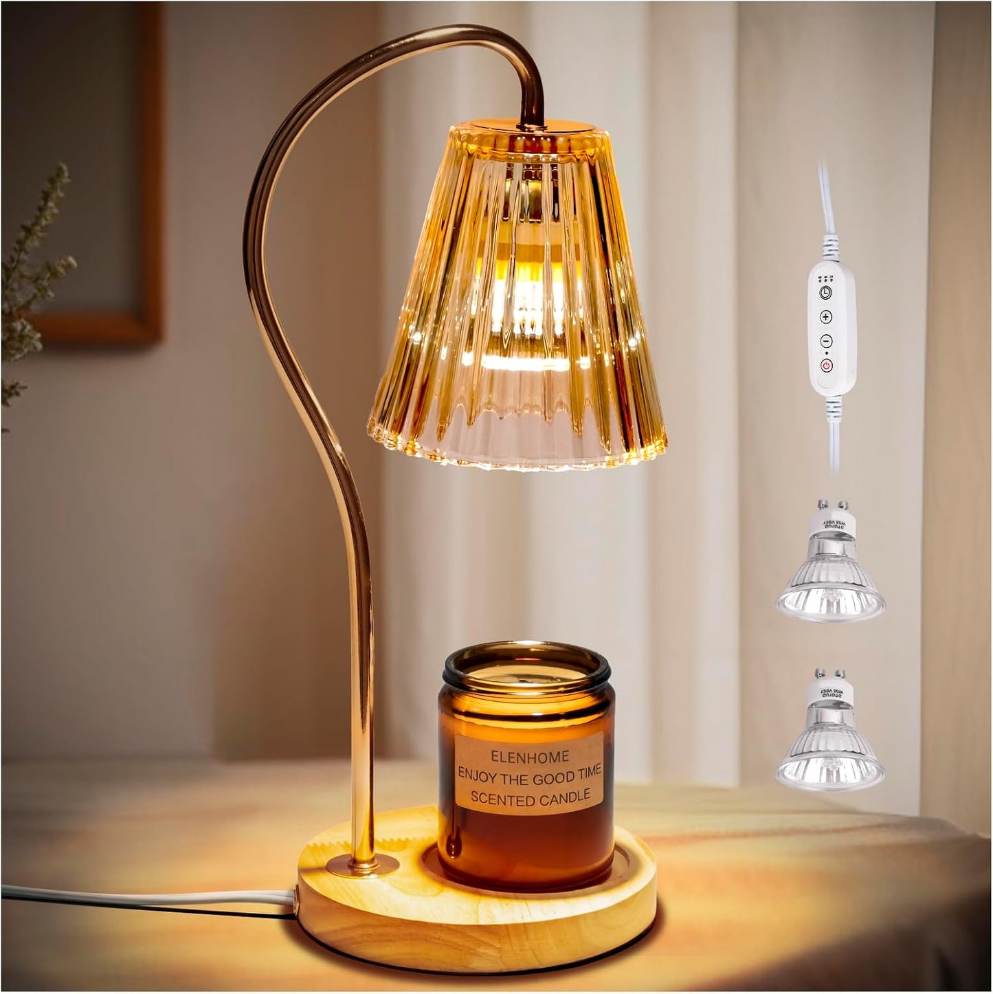 Elenhome Candle Warmer Lamp with Adjustable Height, Stepless Dimming Function-Home Decor Lamp, Metal Candle Lamp for Jar Candles, No Flame Scented Candle Warmer with 2 Bulbs (Black)