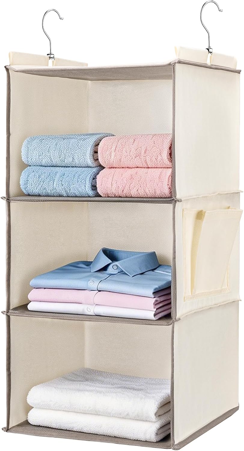 BOOMIBOO Hanging Closet Organizer and Shelves, 4 Shelves with 1 Side Pockets, Foldable, Grey Fabric, Modern Style, for Bedroom and Dorm Room (Grey)