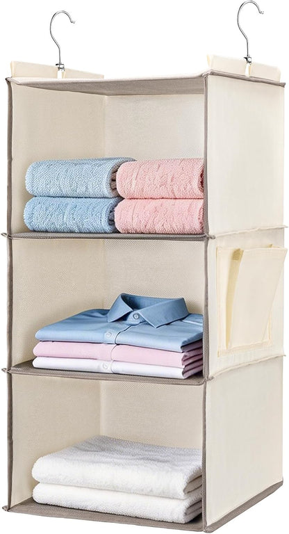 BOOMIBOO Hanging Closet Organizer and Shelves, 4 Shelves with 1 Side Pockets, Foldable, Grey Fabric, Modern Style, for Bedroom and Dorm Room (Grey)