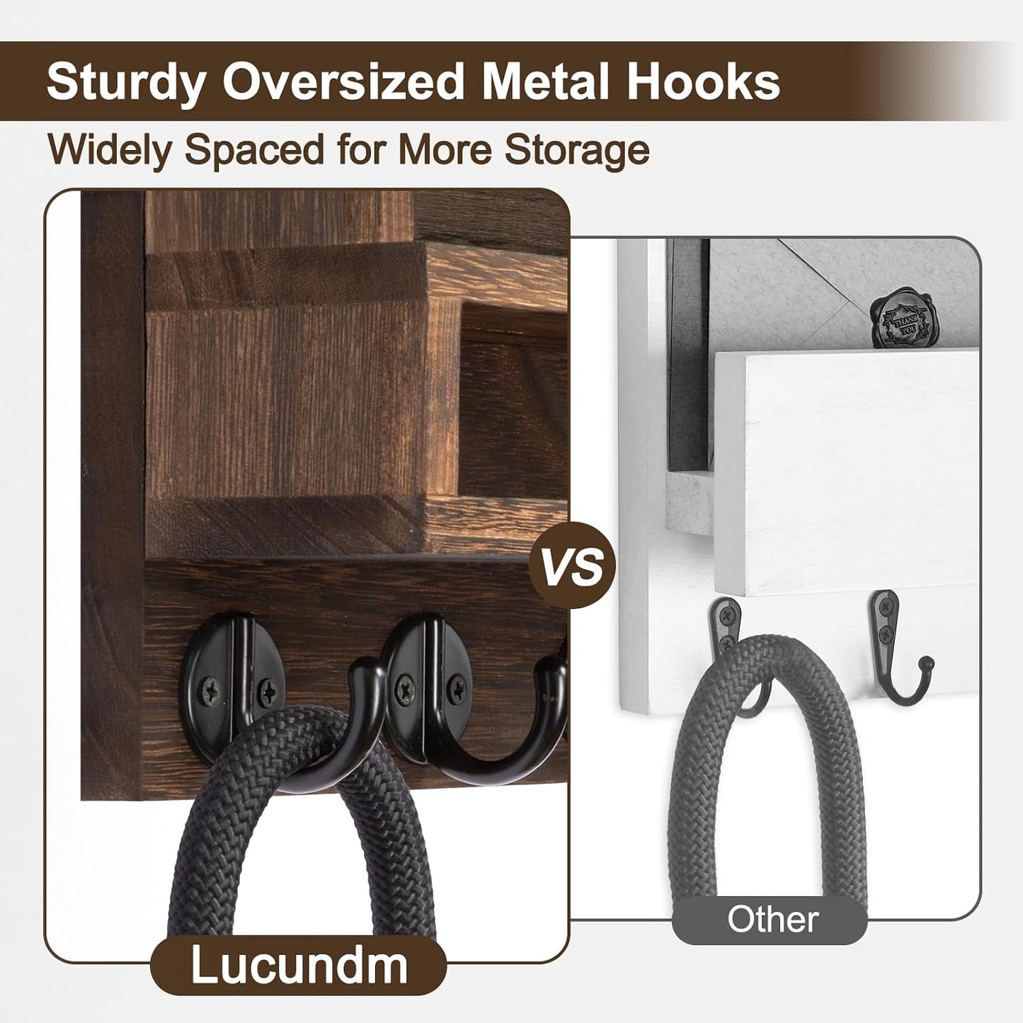 Key and Mail Holder Wall Mount, Key Hanger with Long Storage Box and 5 Hooks for Coat, Dog Leash, Home Decor Rack, House Accessories, Entry Way Organizer 11.8”W x 7.8”H x 3.2”D