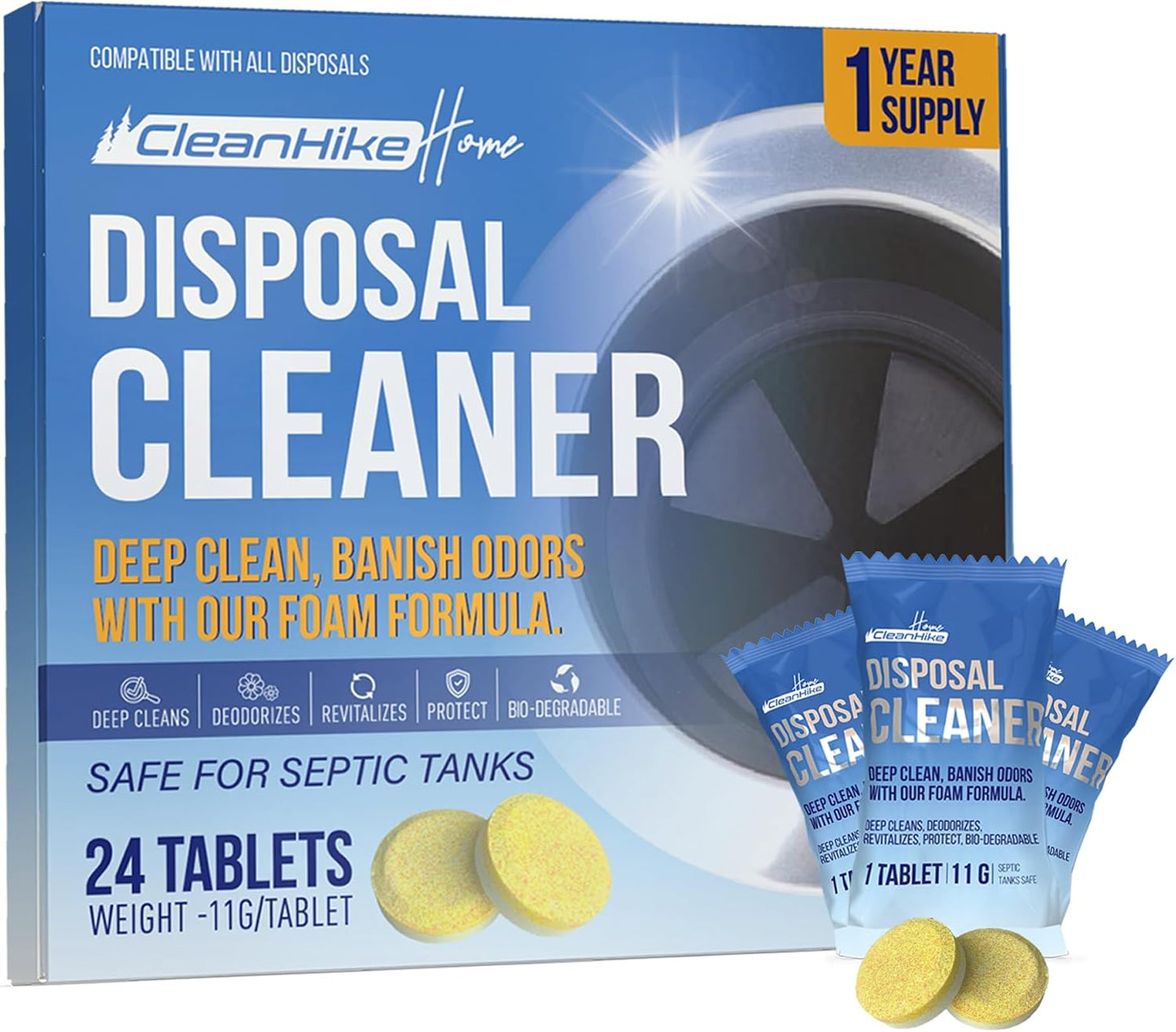 CleanHike Garbage Disposal Cleaning Deodorizer Tablets - (24 Pack), Super Fresh Lemon Foam Deep Cleaning Action Sink, Garburator, Disposer Freshener, Natural Kitchen Drain Care - 1 Year Supply