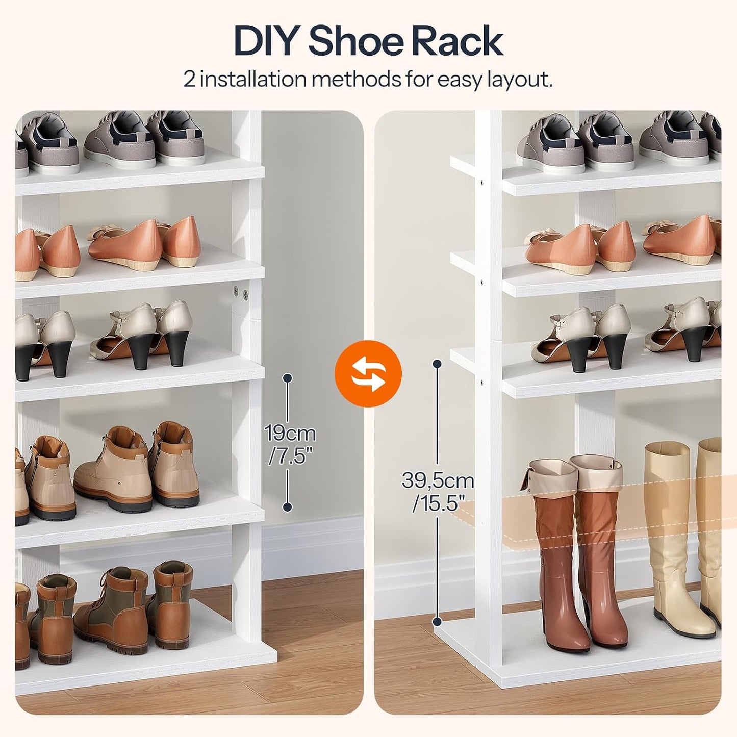 HOOBRO 8 Tiers Vertical Shoe Rack, Wooden Shoe Storage Organizer with Hooks, Narrow Shoe Tower for 8 Pairs, Space Saving, for Entryway, Living Room, Bedroom, Rustic Brown BF07XJ01G1