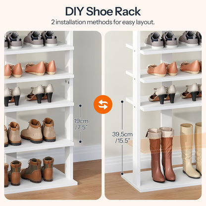 HOOBRO 8 Tiers Vertical Shoe Rack, Wooden Shoe Storage Organizer with Hooks, Narrow Shoe Tower for 8 Pairs, Space Saving, for Entryway, Living Room, Bedroom, Rustic Brown BF07XJ01G1