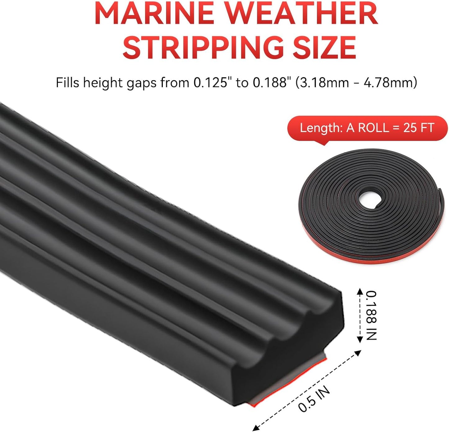 Ribbed Foam Rubber Seal, EPDM Rubber Weather Stripping with 3M 4011 Acrylic Foam Tape Self-Adhesive Bulkhead Seal Gasket Strip for Garage Door/Window/RV/Boat/Automotive/Marine (0.5" W, 25Ft)