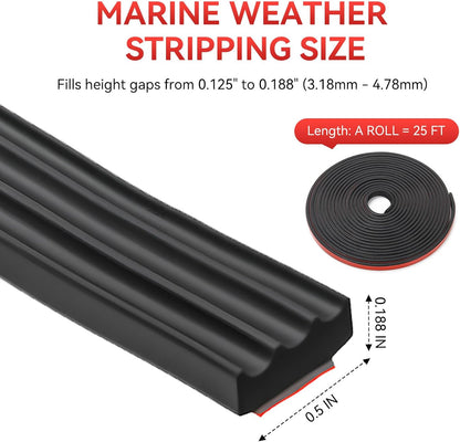 Ribbed Foam Rubber Seal, EPDM Rubber Weather Stripping with 3M 4011 Acrylic Foam Tape Self-Adhesive Bulkhead Seal Gasket Strip for Garage Door/Window/RV/Boat/Automotive/Marine (0.5" W, 25Ft)