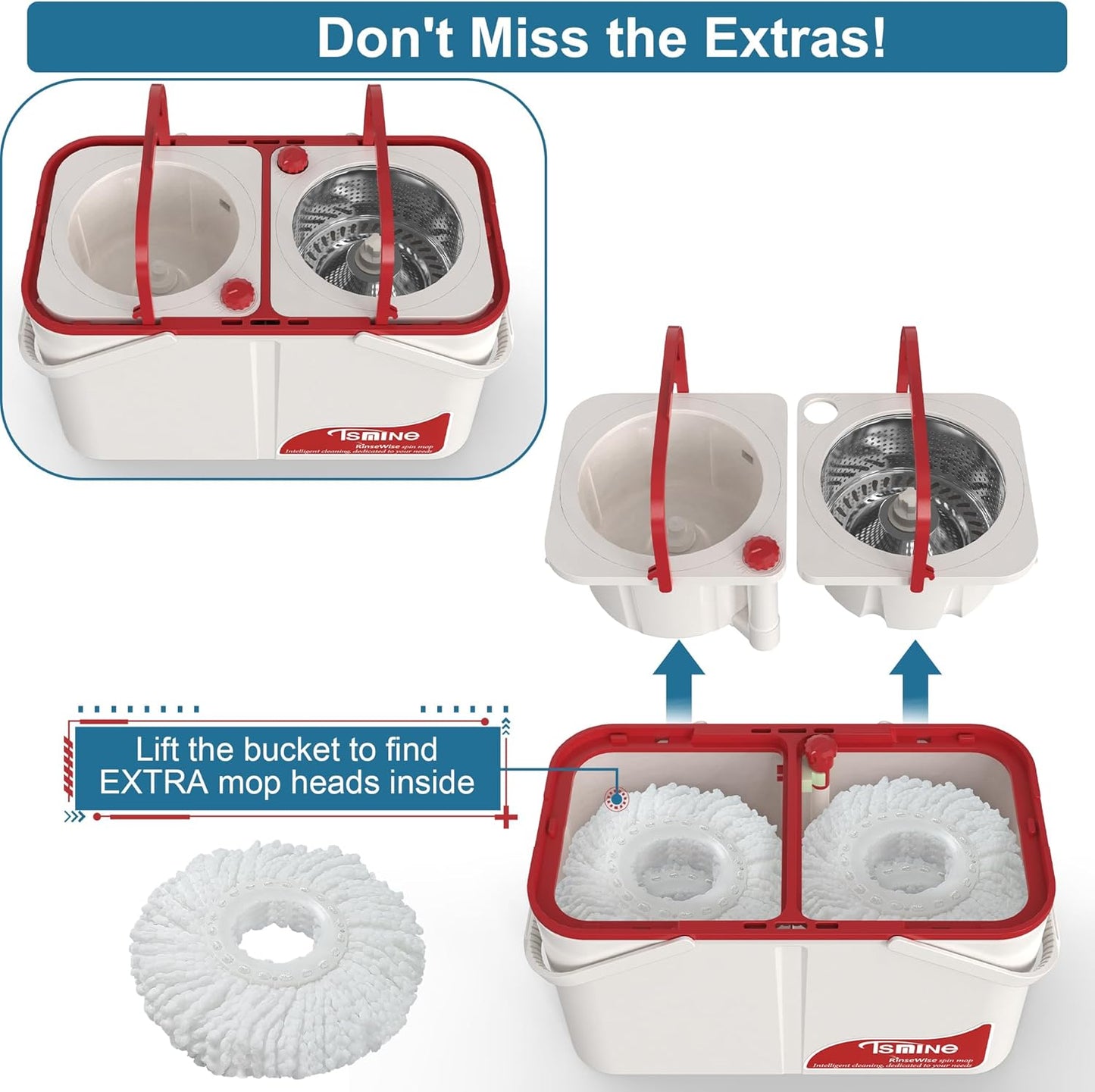 Spin Mop for Large Homes & Big Floor Cleaning, Clean & Dirty Water Separation Mop Bucket for Family & Pet Homes,4-Chamber System, Glide Wheels, Safe for Hardwood & Tile, Adjustable Handle, 6 Mop Heads