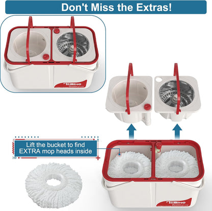 Spin Mop for Large Homes & Big Floor Cleaning, Clean & Dirty Water Separation Mop Bucket for Family & Pet Homes,4-Chamber System, Glide Wheels, Safe for Hardwood & Tile, Adjustable Handle, 6 Mop Heads