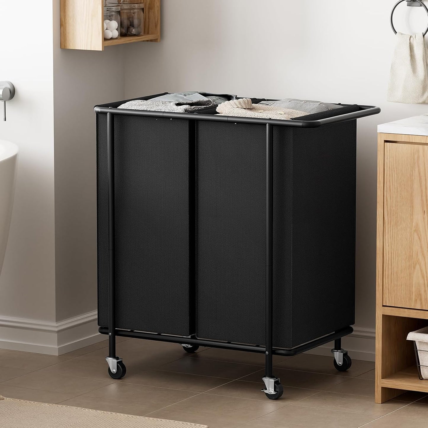 Double Laundry Hamper with Wheels,200L Rolling Laundry Basket 2 Section with Lid,Steel Frame Laundry Cart with Handle and Removable Bags,Dirty Clothes Hamper for Laundry Room,Dorm,Black