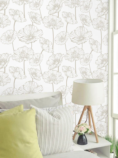 Orainege Modern Peel and Stick Wallpaper 17.3inx118.1in Beige and White Floral Wallpaper Boho Contact Paper Removable Decorative Wall Paper for Bedroom Bathroom Cabinets Decor Vinyl