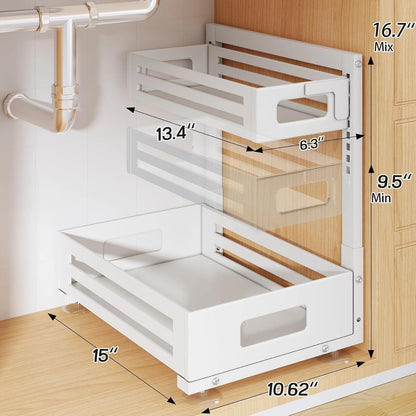 2 Pack Under Sink Organizer,Pull Out Cabinet Organizer with Smooth Cylindrical Rail,Metal Slide Out Drawer for Kitchen Bathroom Laundry Cabinet,8-Level Tool Free Height Adjustable-Black