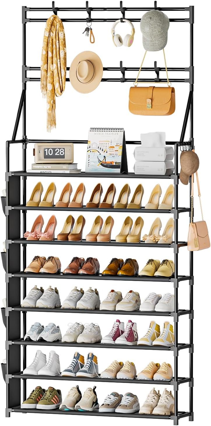 OYREL Shoe Rack, 5 Tier Shoes Storage Organizer, with Functional Hooks and Side Pocket, 20-25 Pairs, for Closet/Entrance/Entryway, Sneaker and Boot Stackable Free Standing Shoe Rack