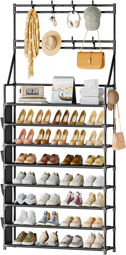 OYREL Shoe Rack, 5 Tier Shoes Storage Organizer, with Functional Hooks and Side Pocket, 20-25 Pairs, for Closet/Entrance/Entryway, Sneaker and Boot Stackable Free Standing Shoe Rack
