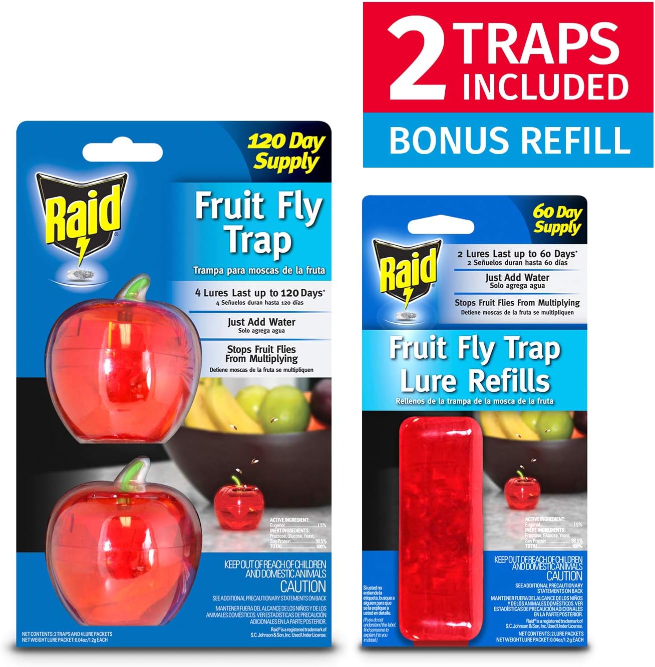 Fruit Fly Traps for Indoors by Raid | 2 Lures + 2 Refills | Effective Fruit Fly Killer & Gnat Traps for House Indoor Use | Easy to Use & Safe Food-Based Lure Fly Catcher