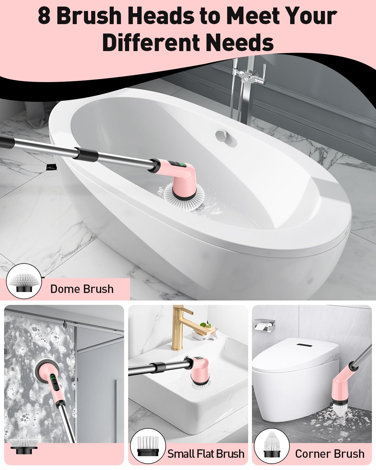 Shower Scrubber with Long Handle, Shower Cleaner Brush with 8 Floor Machine Pads, Cordless Electric Spin Scrubber for Cleaning with 2 Speed, Cleaning Supplies for Bathroom Bathtub Kitchen Floor Tile