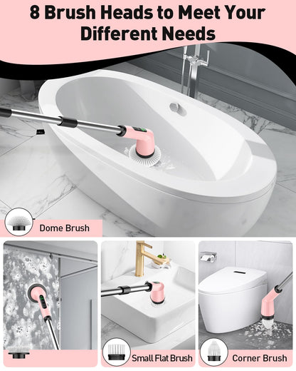 Shower Scrubber with Long Handle, Shower Cleaner Brush with 8 Floor Machine Pads, Cordless Electric Spin Scrubber for Cleaning with 2 Speed, Cleaning Supplies for Bathroom Bathtub Kitchen Floor Tile