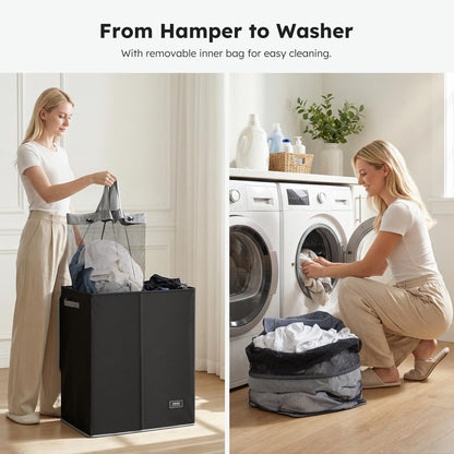 SOLEDI Luxury Double Laundry Hamper with Lid and Removable Bags, 38.3 Gal Large Laundry Bin, Laundry Basket 2 Sections, Collapsible Clothes Hamper for Bedroom, Laundry Room, Bathroom, Off-white
