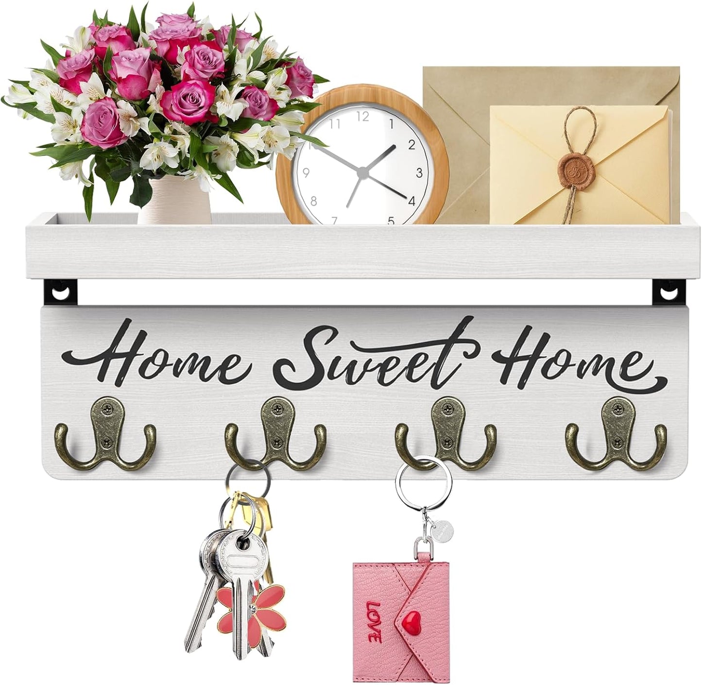 buways Key Holder Wall Mount with 4 Double Hooks-Solid Wood Wall-Mounted Organizer for Keys&Mail Rustic Key Rack Hanger Holder Home Decor for Entryway Living Room (Gray)
