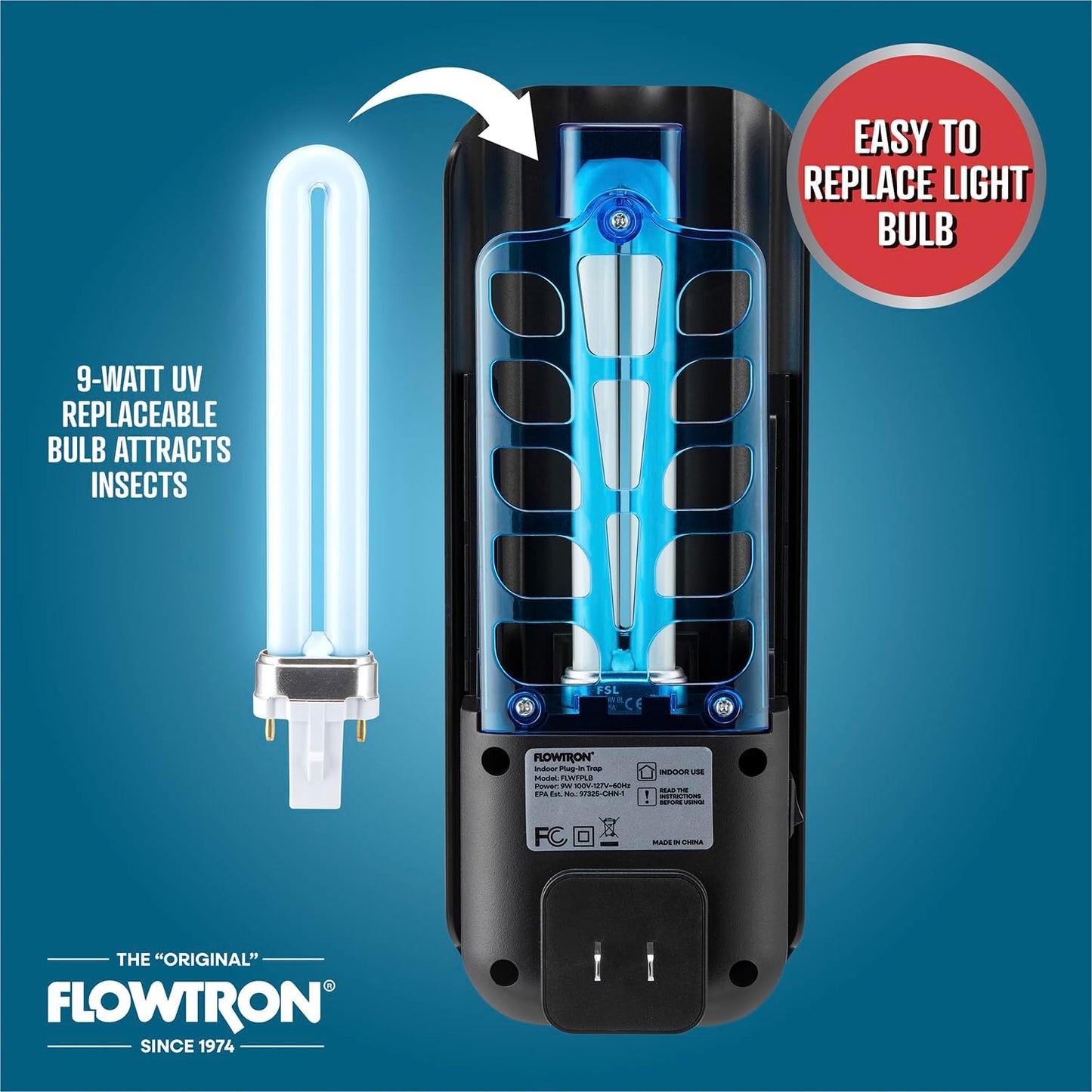 Flowtron Indoor Plug-in Fly Trap, 9W UV Light Electric Insect Trap with Adhesive Board – Silent Mosquito, Gnat & Fruit Fly Catcher, 375 Sq Ft Coverage (Black)