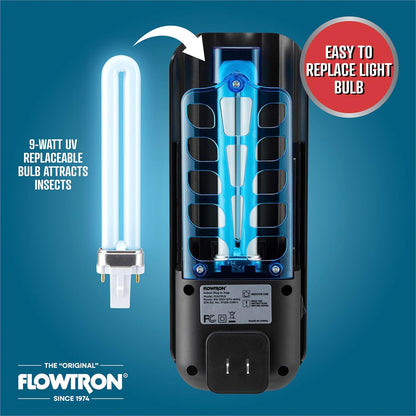 Flowtron Indoor Plug-in Fly Trap, 9W UV Light Electric Insect Trap with Adhesive Board – Silent Mosquito, Gnat & Fruit Fly Catcher, 375 Sq Ft Coverage (Black)