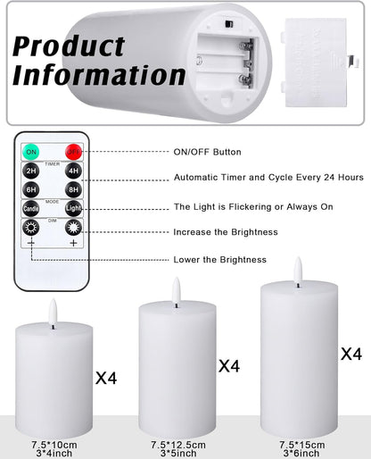VIHOSE 9 Pack White Flameless Candles Set with Remote and Timer Flickering Flameless Battery Candles Flat Top LED Pillar for Wedding Outdoor Home Festival Decoration(D 3'' H 4'' 5'' 6'')