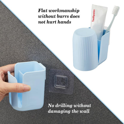 Toothbrush Holders for Bathrooms Toothbrush Holders Wall Mounted BPA-Free Tooth Brush Holder with Toothbrush Cup Drilling-Free (Blue)