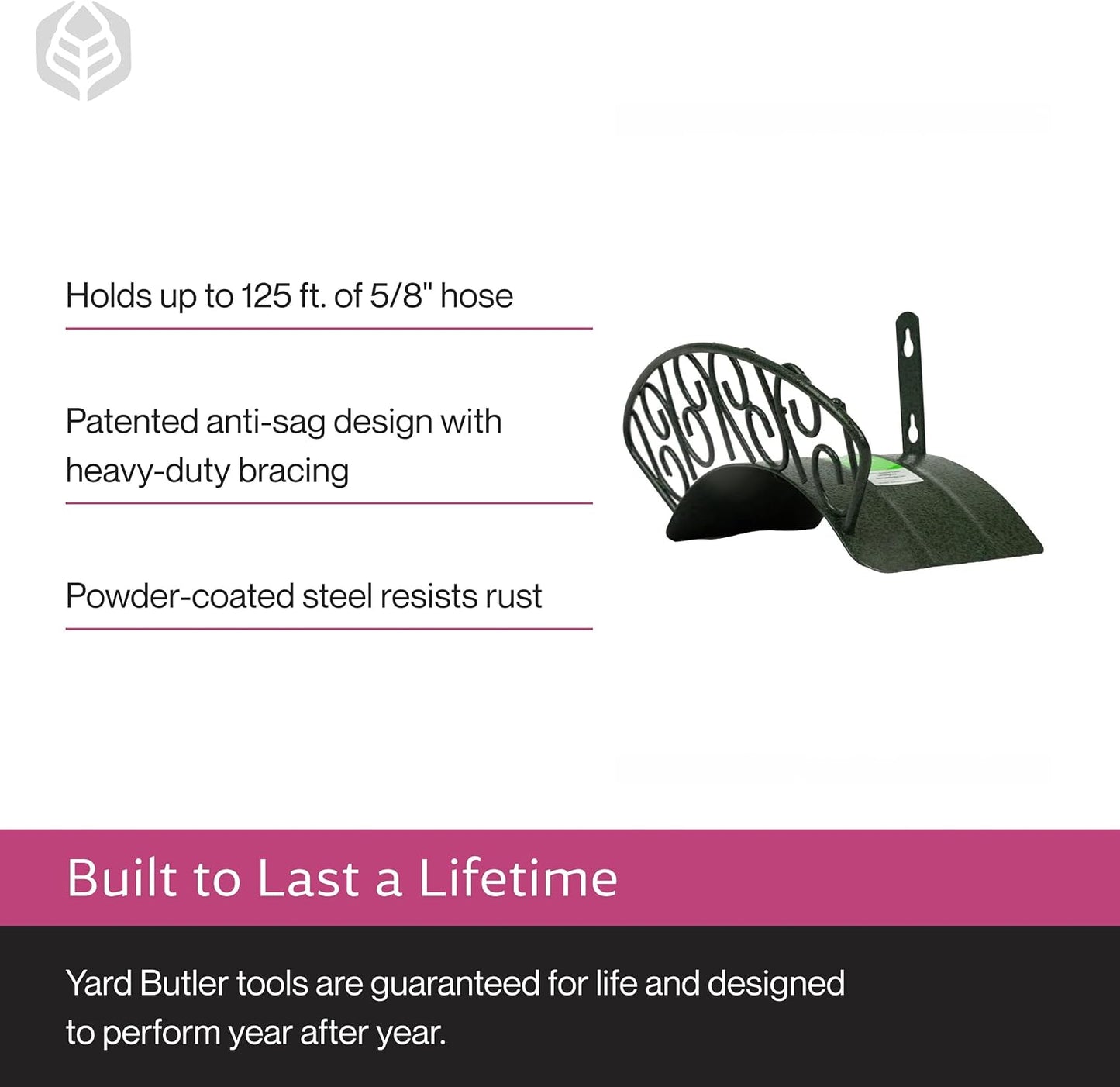 Yard Butler Heavy Duty Wall-Mounted Hose Hanger - Garden Hose Holder for Convenient Organization - Holds up to 125 Feet - Powder Coated Steel - Heavy Duty Bracing - Classic Design, Green