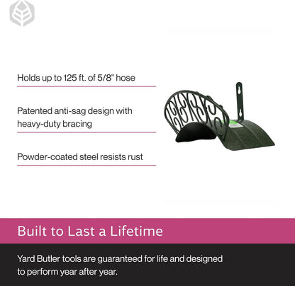 Yard Butler Heavy Duty Wall-Mounted Hose Hanger - Garden Hose Holder for Convenient Organization - Holds up to 125 Feet - Powder Coated Steel - Heavy Duty Bracing - Classic Design, Green
