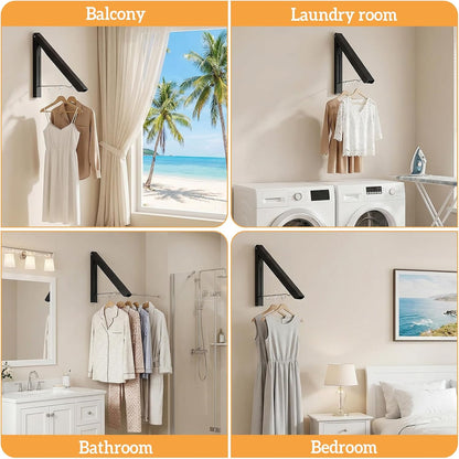 2 Pack Clothes Drying Rack, Wall Mounted Retractable Laundry Rack, 60LBS Heavy Duty Aluminum Foldable Clothes Hanger for Laundry Room, Bathroom, RV, Indoor & Outdoor Use, Drill-Free Installation