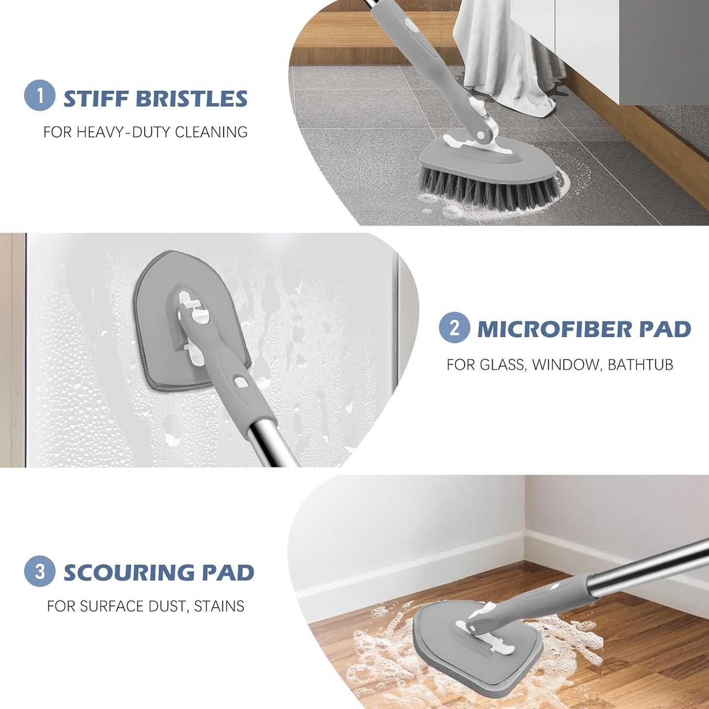 SetSail Tile Tub Scrubber Brush 3-in-1 Shower Scrubber with 52-inch Adjustable Long Handle Shower Cleaner Brush and 3 Detachable Replacement Brush Heads for Cleaning Bathroom Kitchen Walls Tub Tile