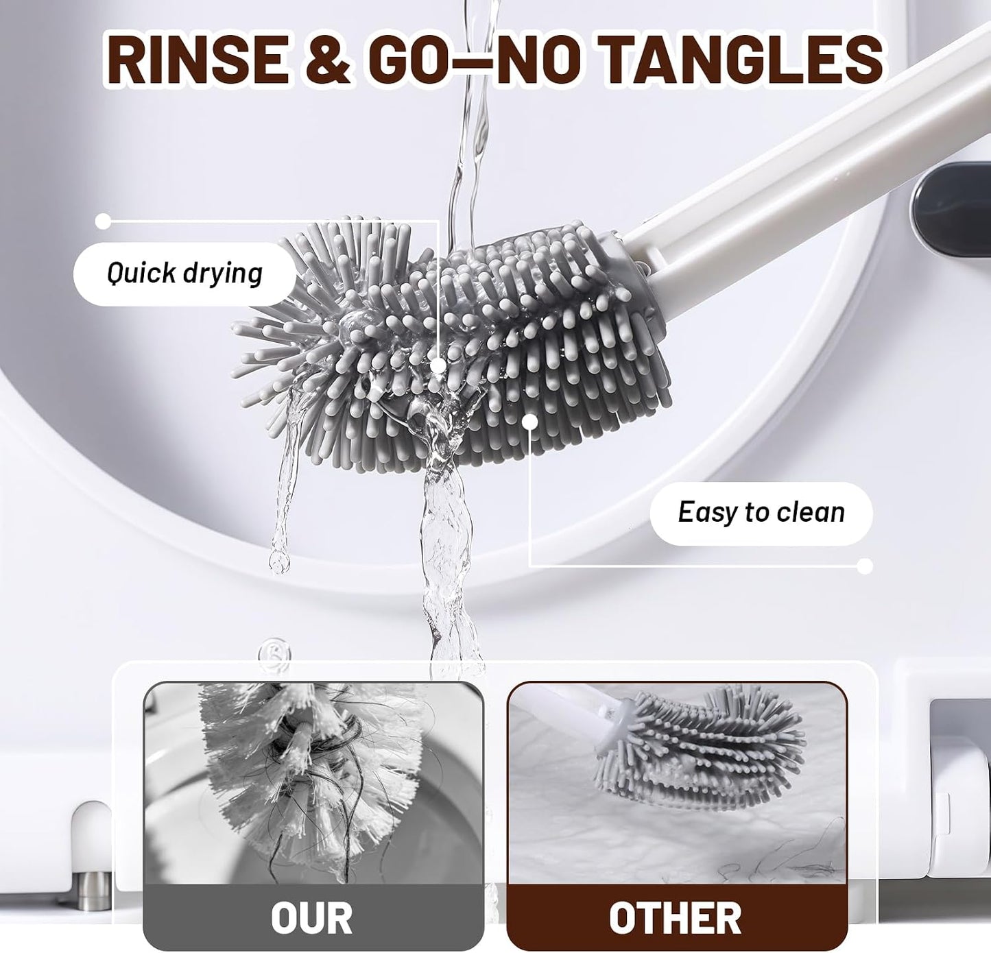 Toilet Brush with Flexible Silicone Head, Long Bendable Handle for Deep Cleaning, No Hair Tangles & Easy Rinse, Hygienic Tool for Toilet Sink Bathtub, Durable Design