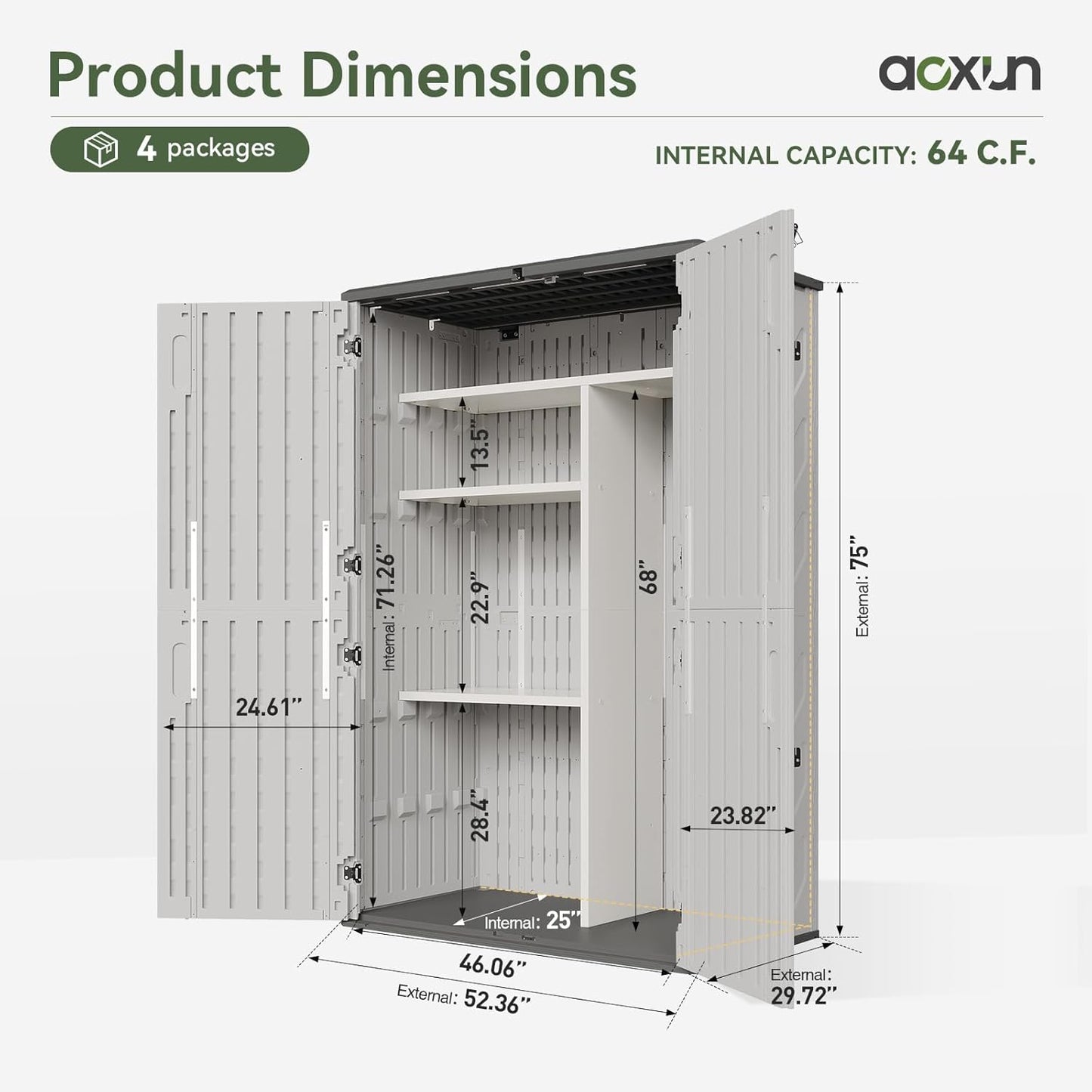 AOXUN Horizontal Storage Sheds 21 Cu.ft, HDPE Outdoor Storage Box 160 Gallon, Waterproof Lockable Resin Deck Box with Spring-Assisted Lid, Patio Storage for Garden, Pool, Cushions, Tools, White