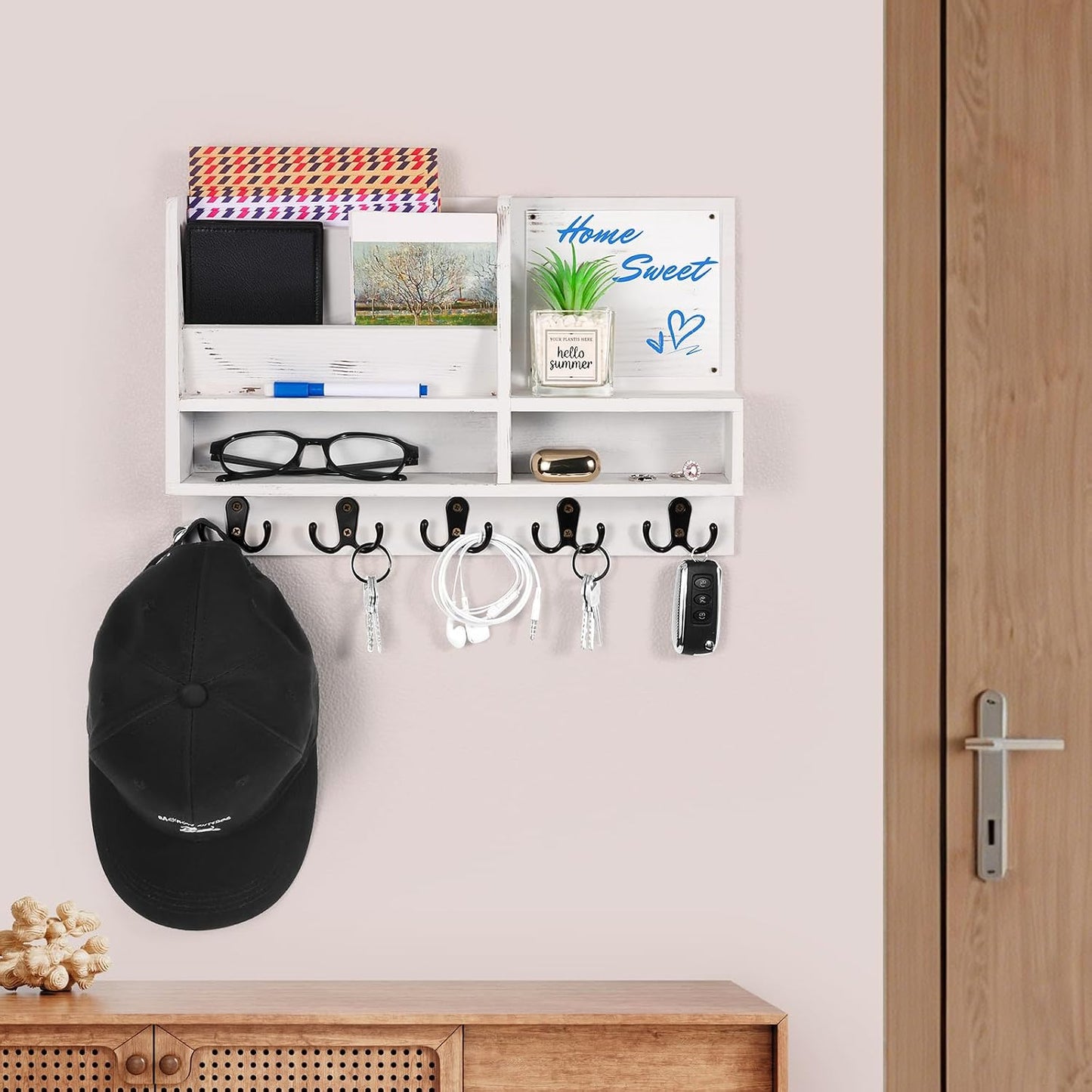Key Holder Wall Mount, Mail Organizer Wall Mounted, Solid Wood Key Holder for Wall Living Room Entryway Home Decor, with 10 Key Hooks, Shelf, Marker Pen, 15.7" x 10.2" x 2.8"