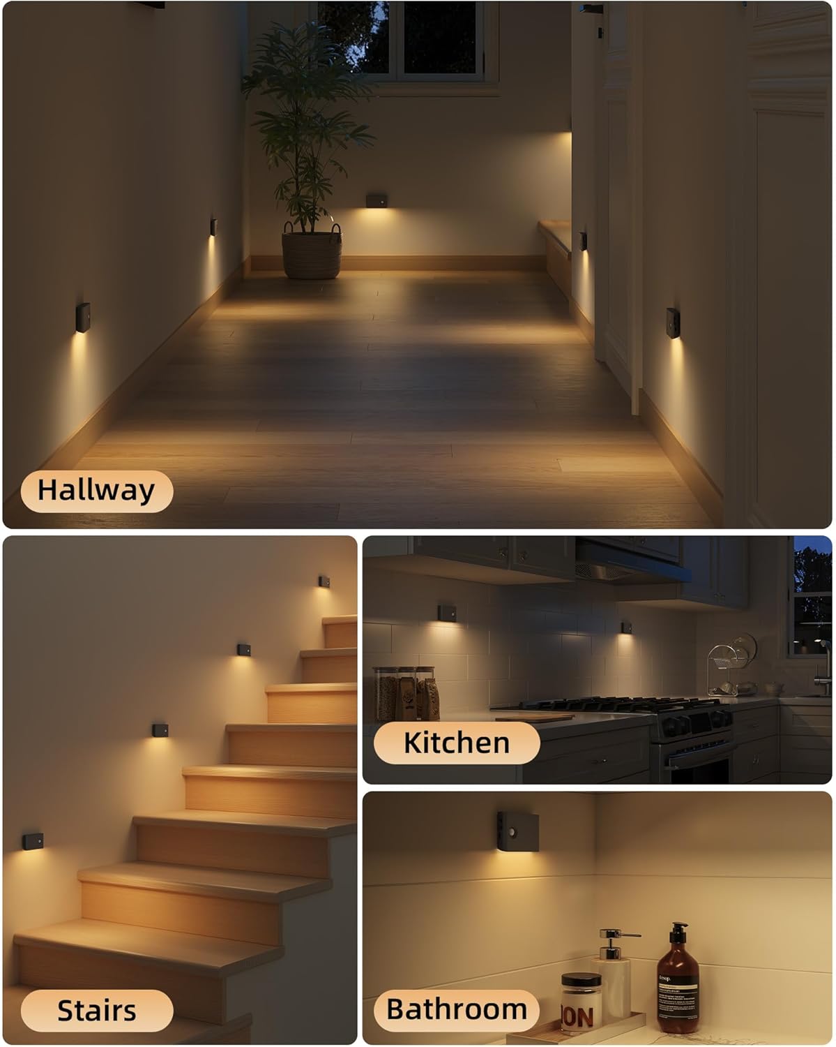 EZVALO 6 Pack Motion Sensor Night Lights, Sync LED Stair Lights Indoor, 1500mAh Rechargeable, Magnetic & Dimmable, 3000K Soft White, Portable Nightlight for Hallway, Stairs, Bathroom, Bedroom