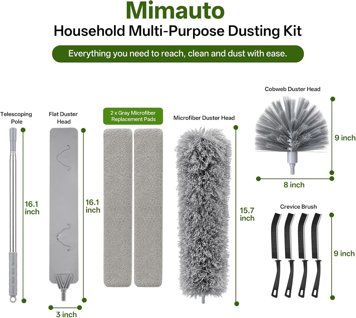 100-inch Duster with Extension Pole, 9-in-1 Cobweb Duster Kit Includes Spider Web Brush & Flat Gap Cleaner for High Ceiling, Fan, Under Appliances, Car, Home Deep Cleaning